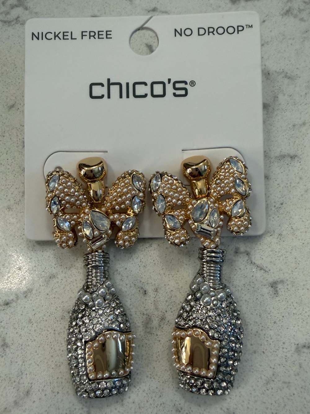 Chico's Gold and Silver Crystal Champagne Bottle Drop Earrings